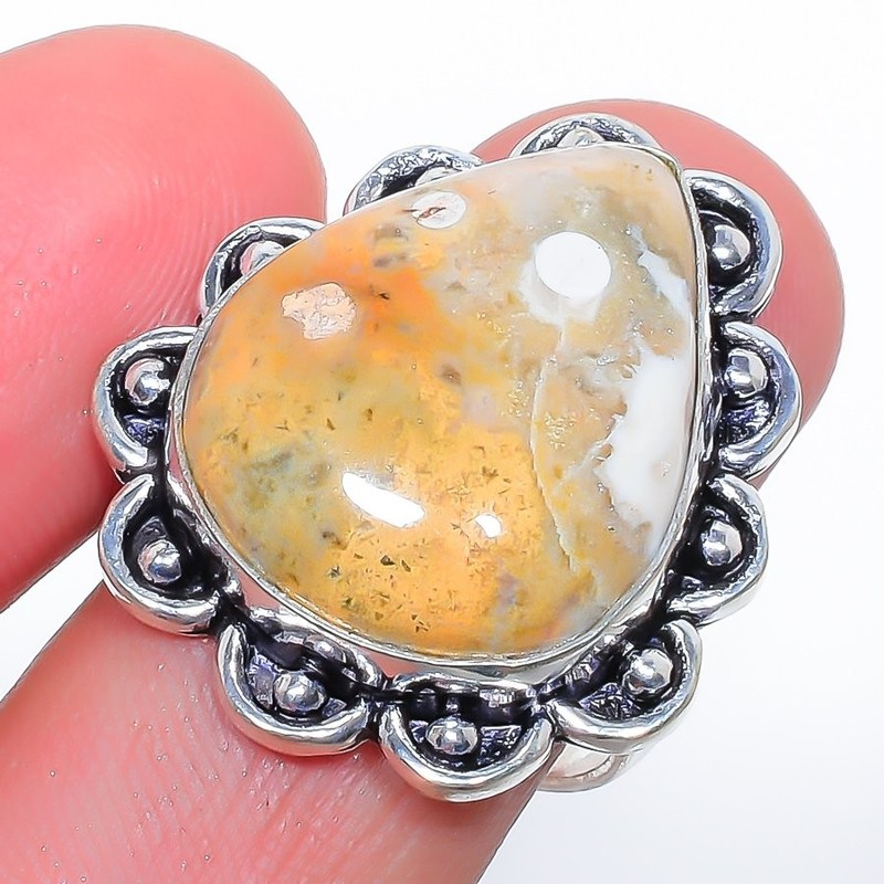 Natural Ocean Jasper Gemstone 925 Silver Plated Jewelry Ring s.8.5 W2469