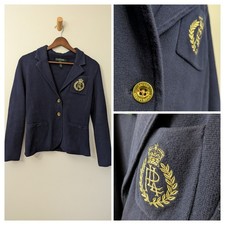 Ralph Lauren Womens Knit Blazer S Y2K Equestrian Crest Preppy Academia Navy Gold