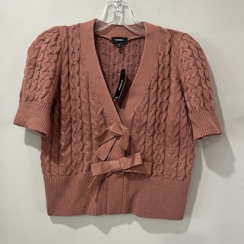 NEW EXPRESS Cable Knit Double Bow Short Sleeve Cardigan Size XS PINK MSRP $88 - Picture 3 of 9