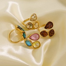 Stainless Steel Crystal Ring Women Multi Color Open Simple Geometric Jewelry