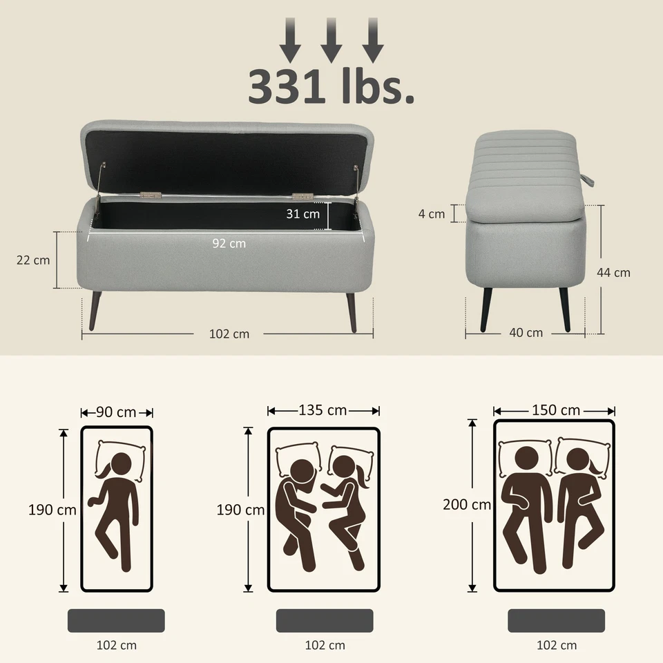 HOMCOM Storage Ottoman Bench, Linen-feel Footstool with Steel Legs, Grey - Image 3 of 4