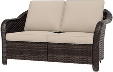 55in Wicker Loveseat, 2-Seater, w/ Back & Seat Cushions, Beige