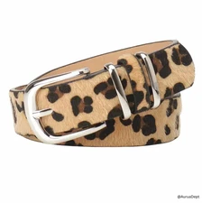 Leopard Print Cowhide Leather Belt with Silver Buckle – Women’s Fashion - 100cm!