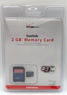 SanDisk 2 GB Memory Card Full Size SD Adapter Verizon Wireless 2 in 1 Sealed
