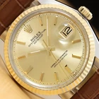 ROLEX DATEJUST 1601 14K YELLOW GOLD STEEL CHAMPAGNE BROWN LEATHER BAND WATCH