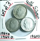 Lot of 3 Roosevelt Dimes 90% Silver VG Condition All 1964-D look @ & Judge Them*