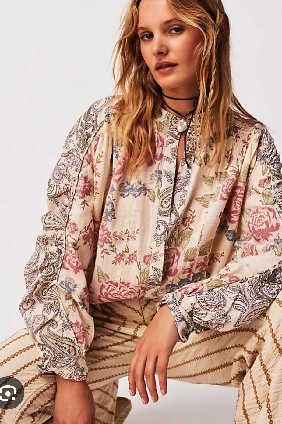 Free People Maraya Floral Printed Top Puff Sleeve Beige Sz Xs