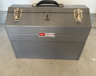 #ad Vintage Craftsman Sears Tool Box Gray Red Painted w Handle amp; Organizer Tray $84.00
