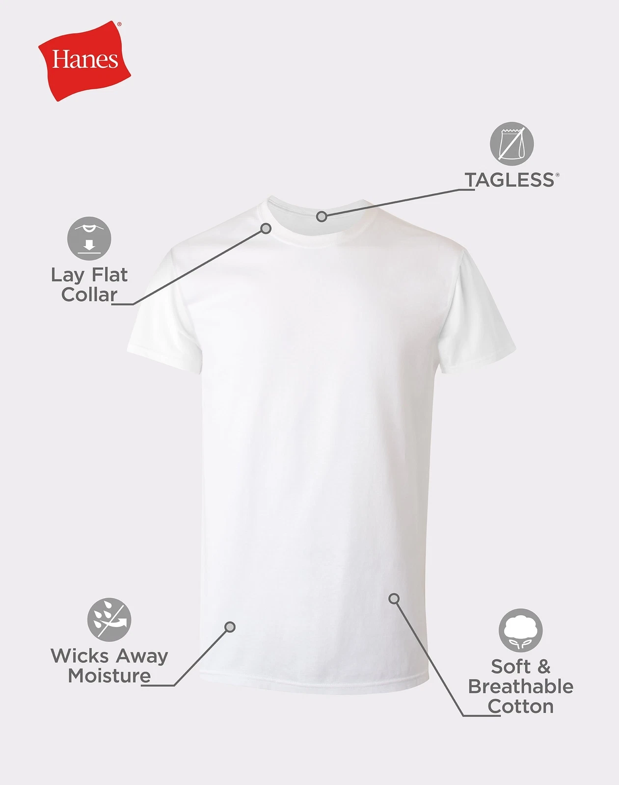 Hanes Men's White Crewneck T-Shirt 6-Pack Undershirt Tee TAGLESS FreshIQ Comfort - product detail image 2