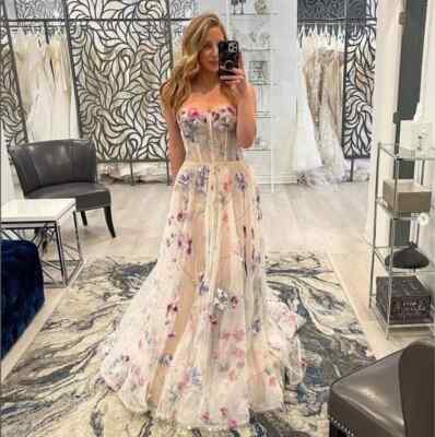 Sexy 3D Floral Tulle Sweetheart Evening Dresses Boho Sweeper Train Prom Gowns