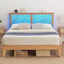 Full Bed Frame W/Rattan Headboard Platform Bed Frame LED Lights Wood Headboard
