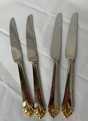 Pfaltzgraff Lorraine Gold Accent Tip Stainless Flatware 4 Dinner Knives