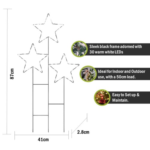 Pre Lit 3 Star Cluster, Warm White 30 Micro LEDs, 50cm Lead, Timer - Picture 2 of 7