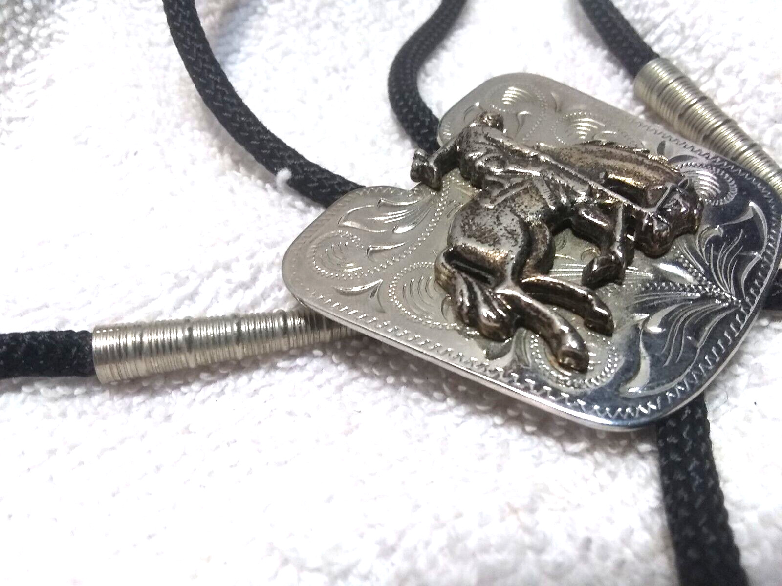 Large Silver Engraved Bucking Bronco Rider Bolo T… - image 3