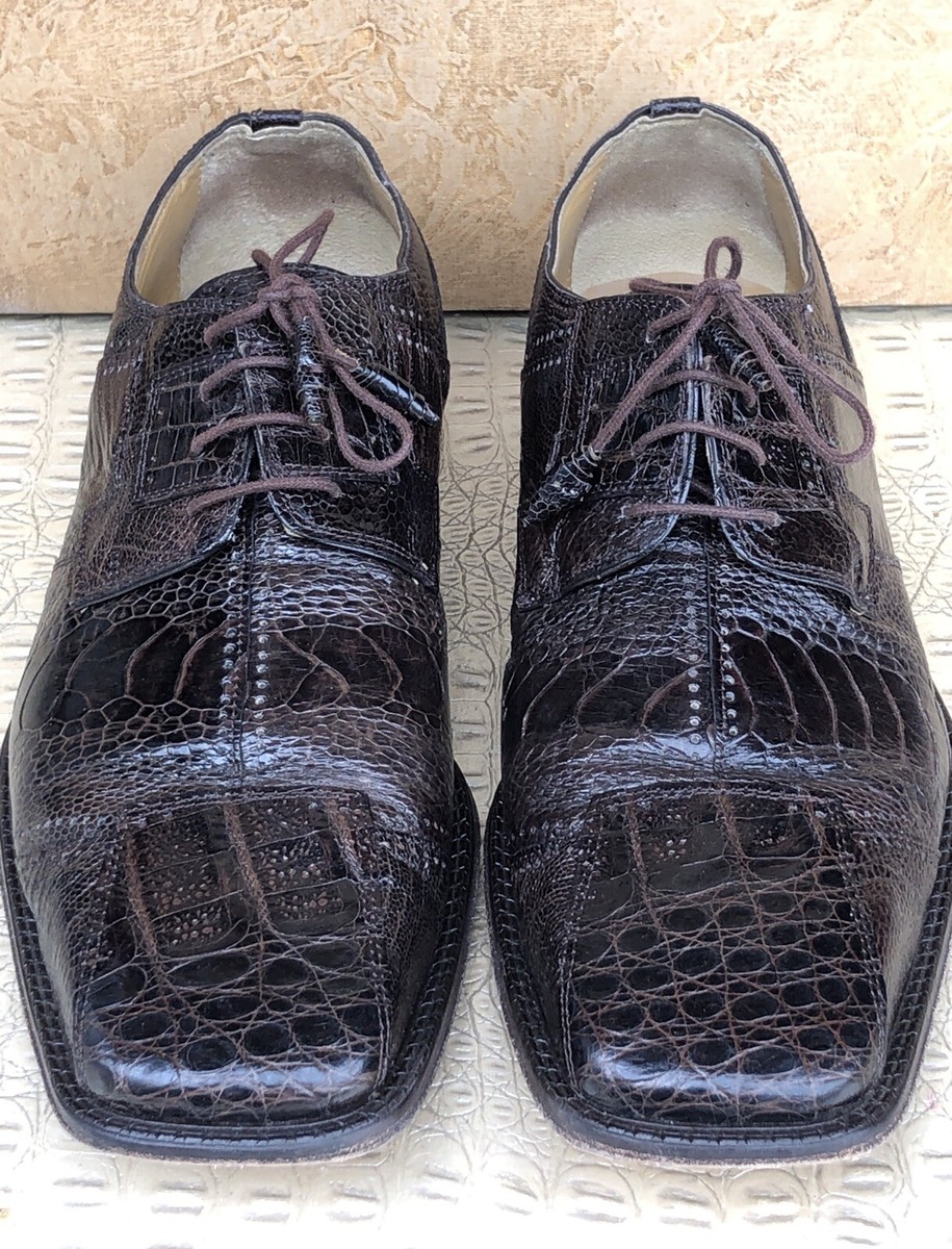 David Eden Genuine Crocodile Ostrich Square Toe Dress Shoes Brown