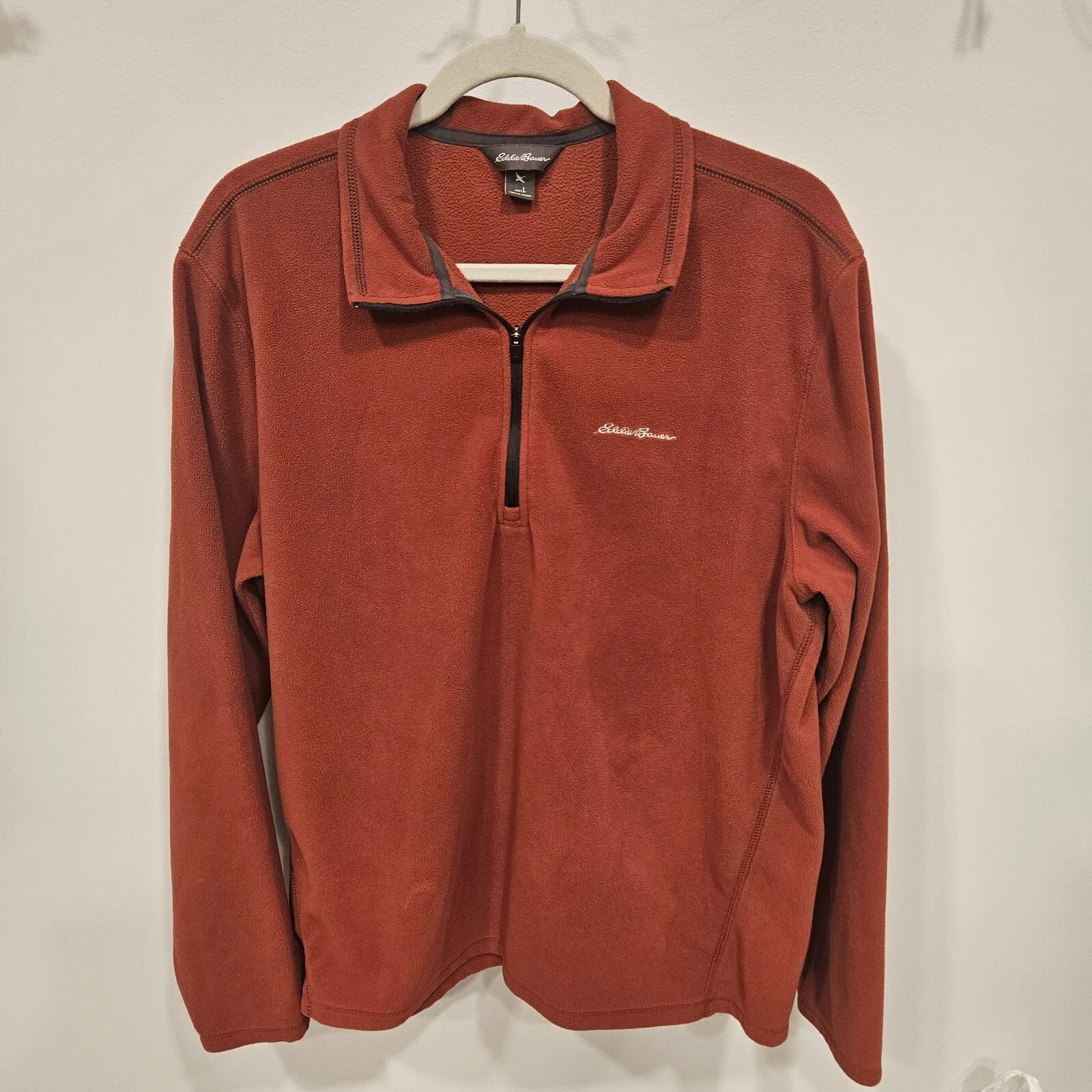 Eddie Bauer Men's Fleece Jacket Size L Orange Quarter Zip Pullover Sweater