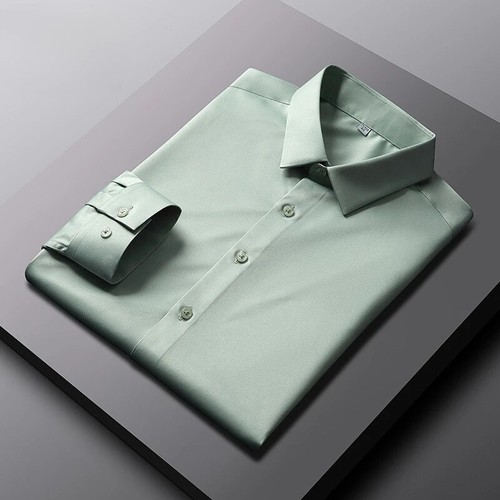 Men's Long Sleeved Shirt Wrinkle Resistant Business Shirt Solid Ice Silk Shirt - Picture 14 of 39