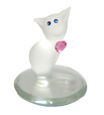 Frosted Crystal Kitty Kat with Crystal Blue Eyes & Pink Heart Mirrored Stand