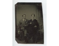 TINTYPE STUDIO PORTRAIT 2 MEN/BROTHERS, 1 W/ CIGARETTE/SMOKING, 1/6 PLATE