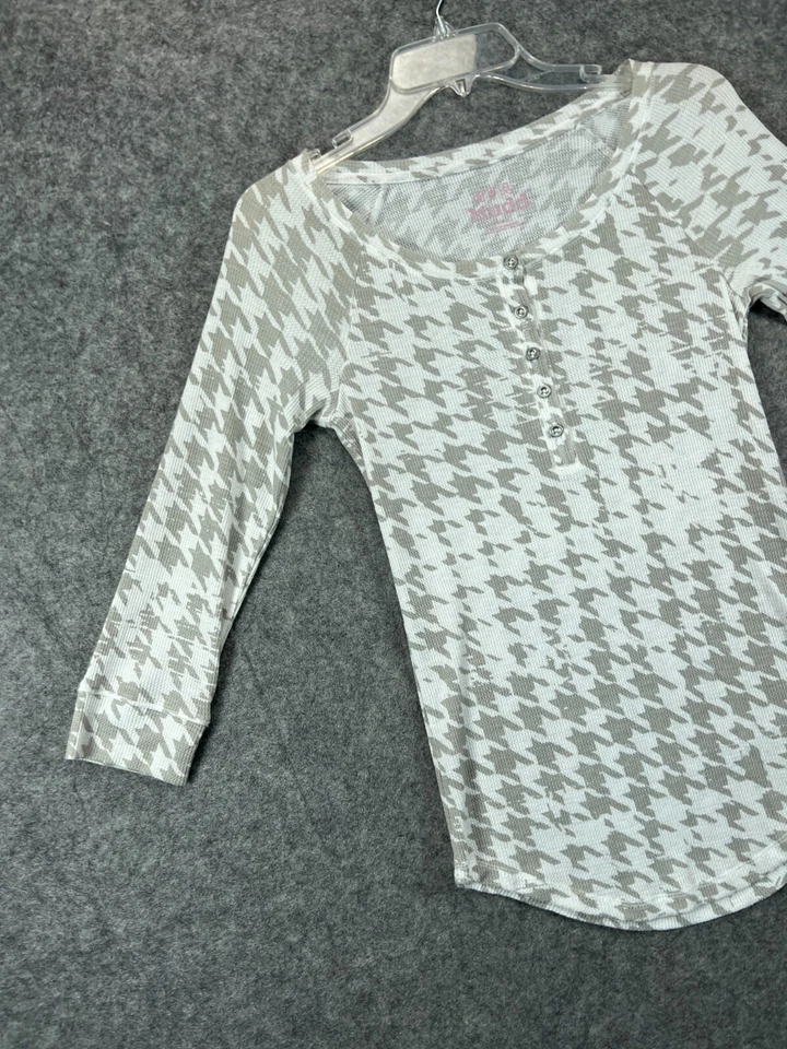 Camisa MUDD Mujer Pequeña Gris Blanca Pata de Gallo Tejido Gofre Top Blusa Informal Foto 4 de 4