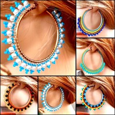 Native style Beaded Handcrafted Seed Beaded Pearl Blue Green Yellow Hoop Earring