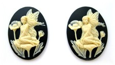 2 IVORY color FAIRY & POPPY Flowers on BLACK 40mm x 30mm Costume Jewelry CAMEOS