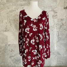 Lane Bryant Burgundy Floral Long Sleeve Tie Back Top 14/16