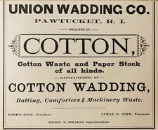 1883 AD(N18)~UNION WADDING CO. PAWTUCKET, RI. COTTON WADING, COMFORTERS