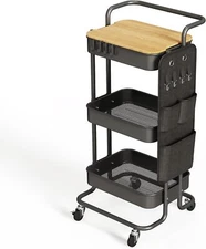 DTK 3 Tier Metal Utility Rolling Cart with Table Top and Side Bags Metal Tray S