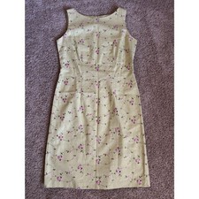 Vintage Tea Dress Womens 6 Green Embroidered Floral Sheath Romantic Femi Linen