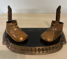 Vintage Antique Bronzed Metal Baby Shoes Picture Photo Frame Tray Holder