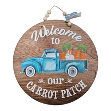 Farmhouse Easter Welcome Door Sign Hanging Decor Blue Truck Spring Bunny Carrots