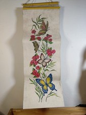 Wall Hanging Lot Of 2 Vintage Butterfly Hand Painted Fabric 26x9.5” Decor