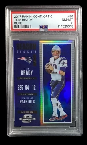 2017 panini contenders optic #86 tom brady; blue holo 17/99 prizm ticket PSA 8