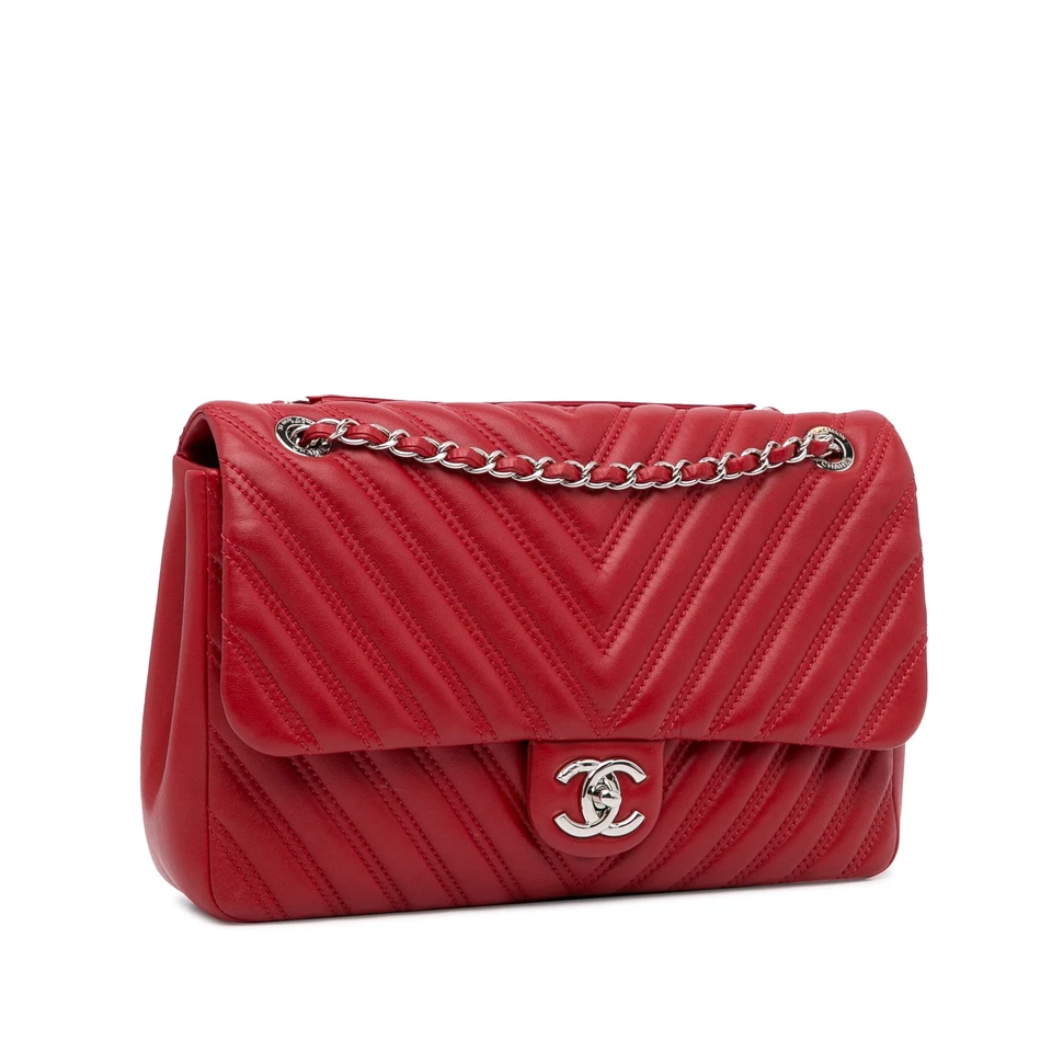 Bolso de Hombro Chanel Jumbo Clásico Piel de Cordero Doble Solapa Cuero Rojo Autenticado Foto 2 de 4