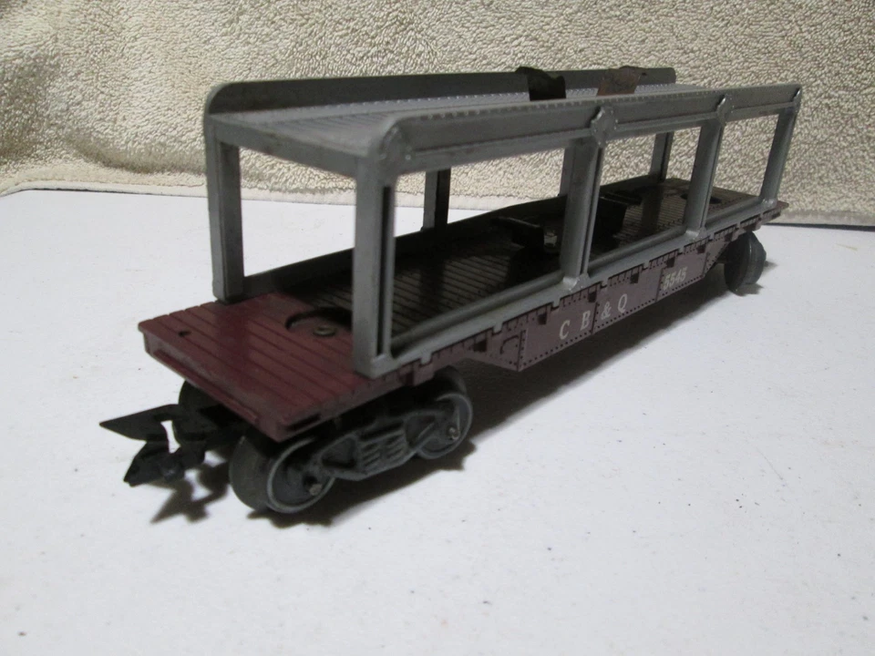 3) MARX Cars CB&Q Auto Carrier, B&O Box car & Erie Log Dump Car O Gauge 1959? - Image 3 of 4