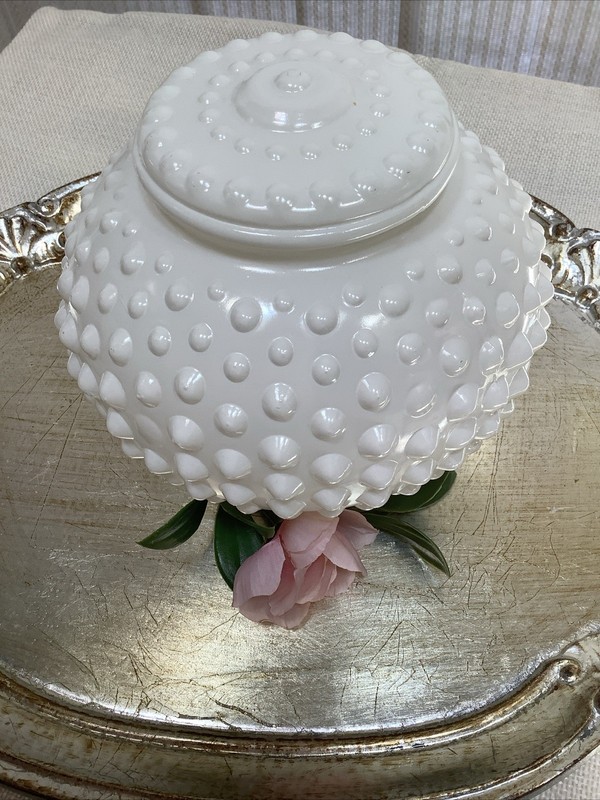 Vtg 5 “ Hobnail Round White Milk Glass Light Shade / Globe - 3" Fitter