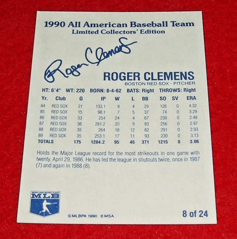 MSA All American Baseball Team Roger Clemens #8 1990 Foto 2 de 2