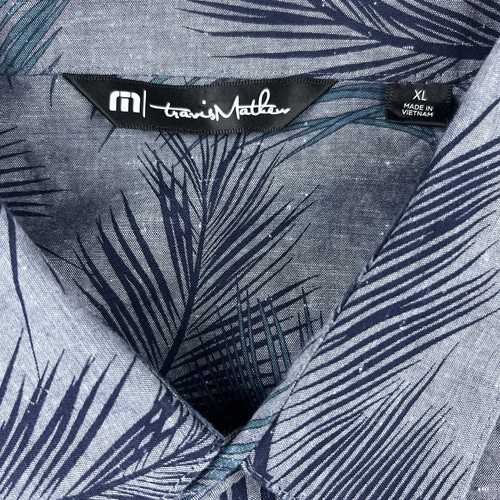 Travis Mathew Shirt Mens Extra Large Blue Leafy Button Up Hawaiian Chambray - Picture 2 of 5