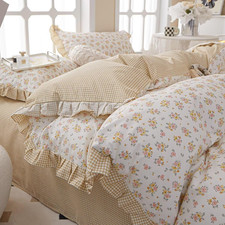 Full Size Pink  Yellow Floral Ruffled Comforter Set - 3 Piece Cottagecore Style