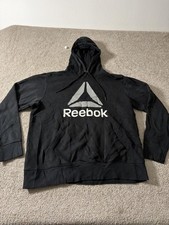 Reebok Hoodie Mens Large Black Big Logo Fleece Pullover Sweatshirt Athletic