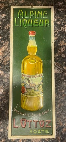 Vintage Alpine Liqueur Advertising Tin Metal Sign 19” x 6.5” Bar Mancave Decor