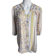 Fig Flower Medallion Paisley Print V-Neck Button Front Blouse Sz Medium