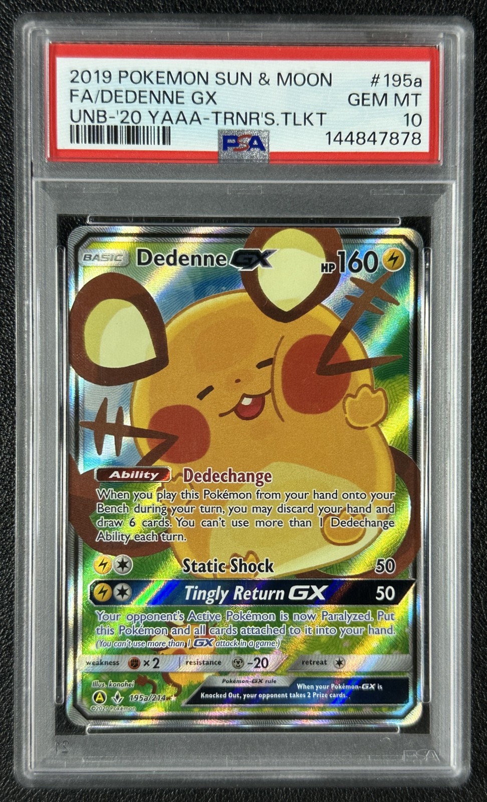 DEDENNE GX PSA 10 2019 POKEMON SUN & MOON UNBROKEN BONDS #195A/214 PROMOS 7878