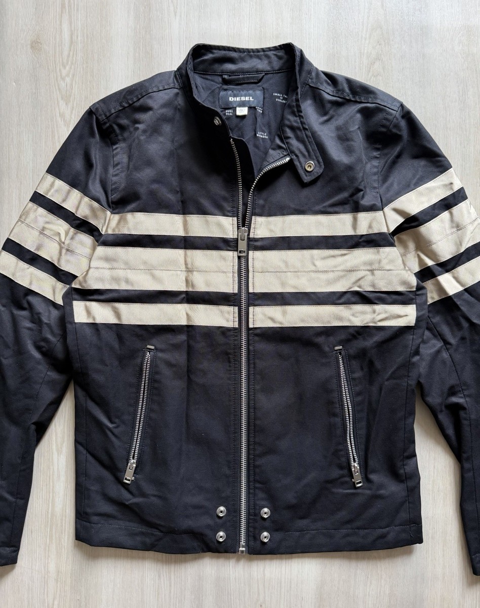Diesel Mens Moto Racing Jacket Black Tan Stripe Zip Up DuPont