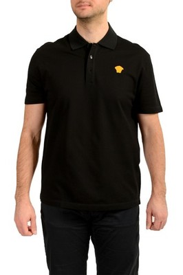Versace Men's Taylor Fit Gold Logo Embroidery Black Polo Shirt US