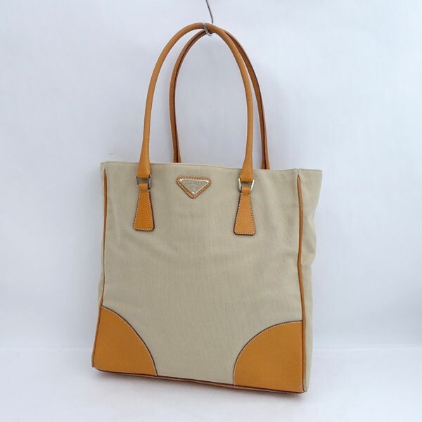 Prada Beige Brown Canvas Leather Tote Bag with Metal Accents Br039