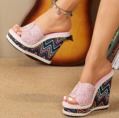 Womens Fashion Summer Peep Toe Weave Slippers Wedge High Heels Platform Shoes