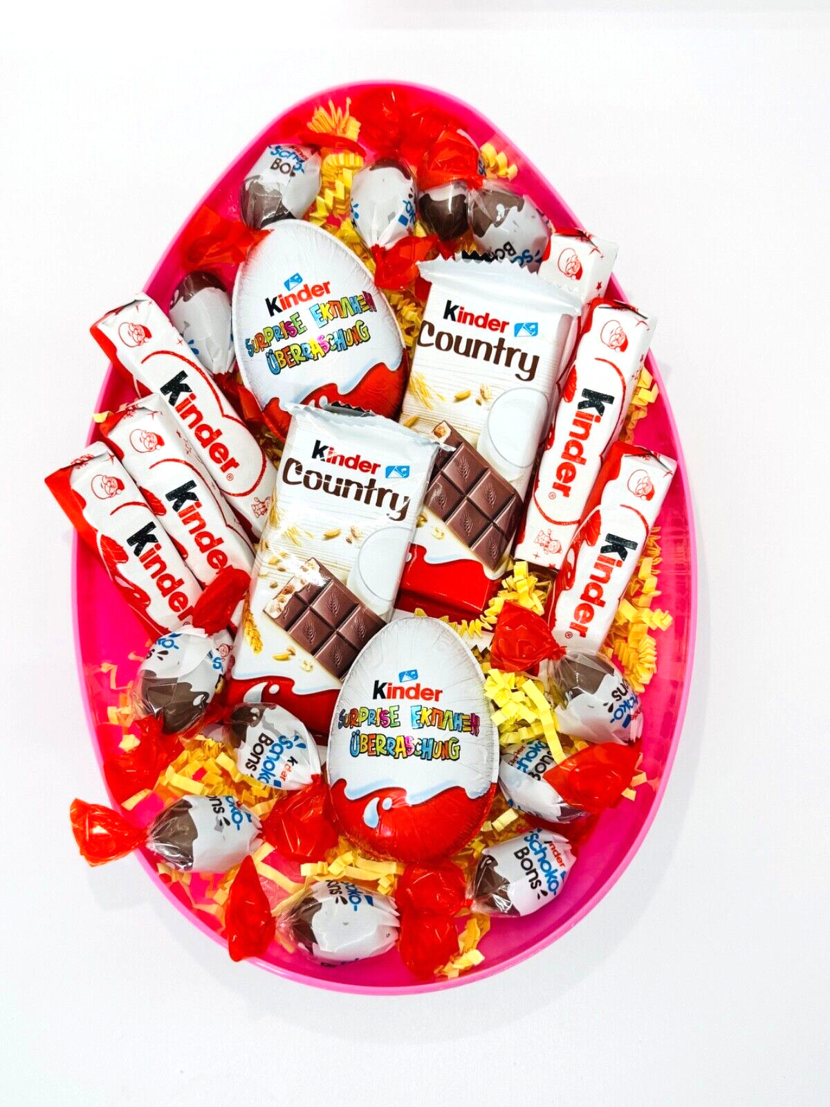 Подарочная пасхальная корзина с шоколадом Ferrero KINDER, розовое дно, 1 карат -XL-БЕСПЛАТНАЯ ДОСТАВКА