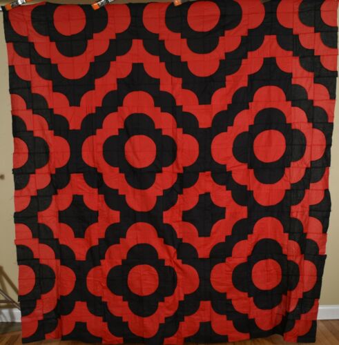 OUTSTANDING 30's Authentic Amish Black Background Antique Quilt Top ~MINT! - Picture 1 of 6